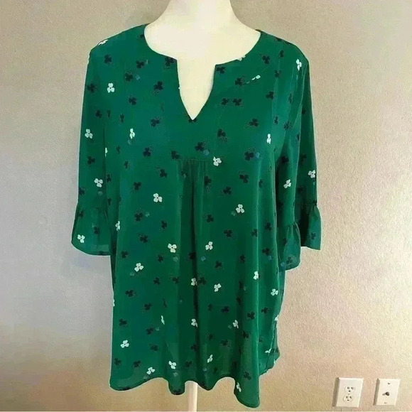 Pleione green three-quarter sleeve medium loose fit blouse navy/white flowers - Picture 2 of 15